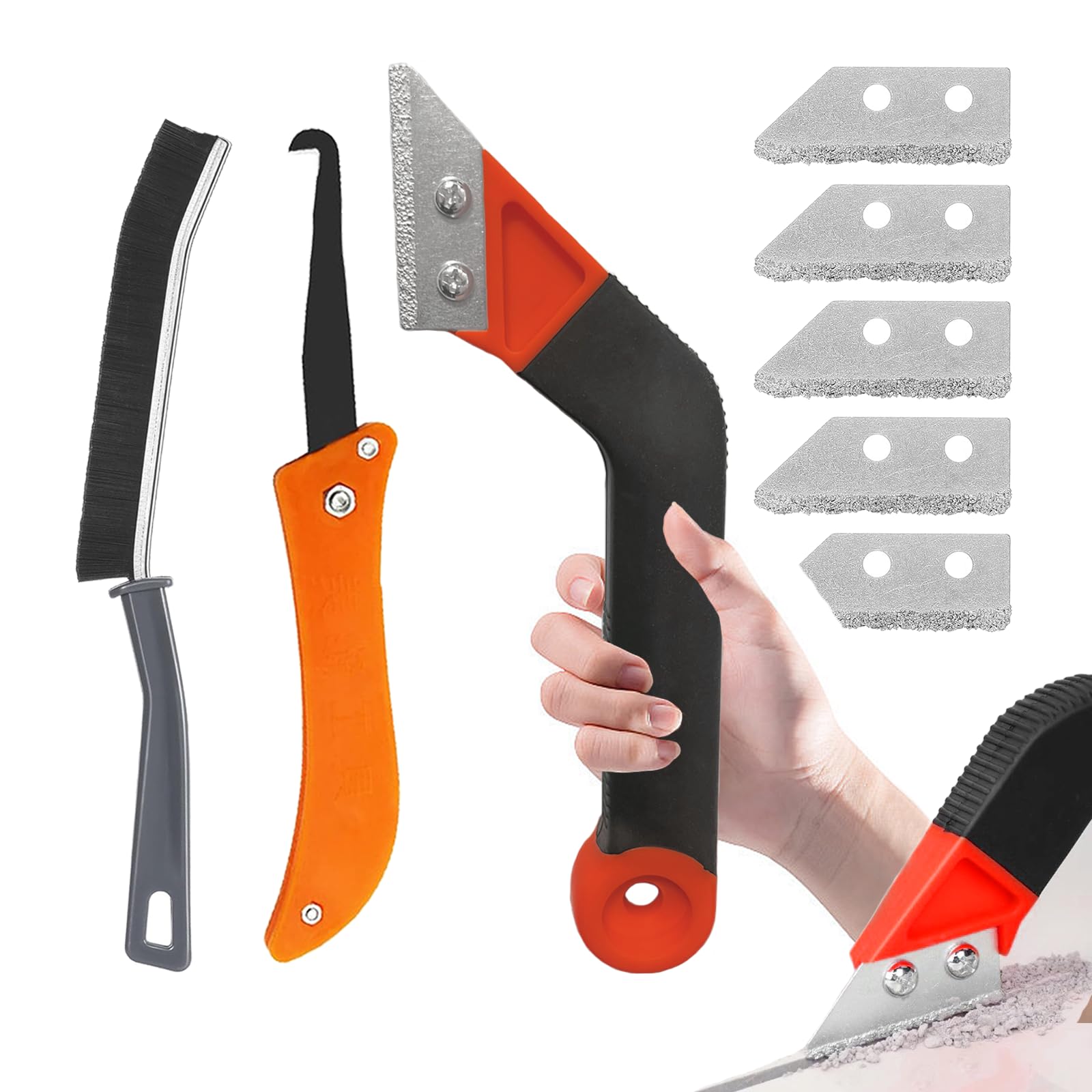 Grout Remover Tool - 5 Piece Set with Angled Grout Rake, Brush & Replacement Accessories (Red)