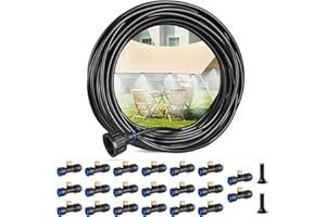 HIRALIY DIY Misters for Outside Patio with 65.6FT (20M) Tubing, 1 Faucet, 10 Brass Mist Nozzles, 2 Plugs, Tubing Clamps, Cable Ties, Ideal for Trampoline, Deck, Porch Cooling and Garden Watering