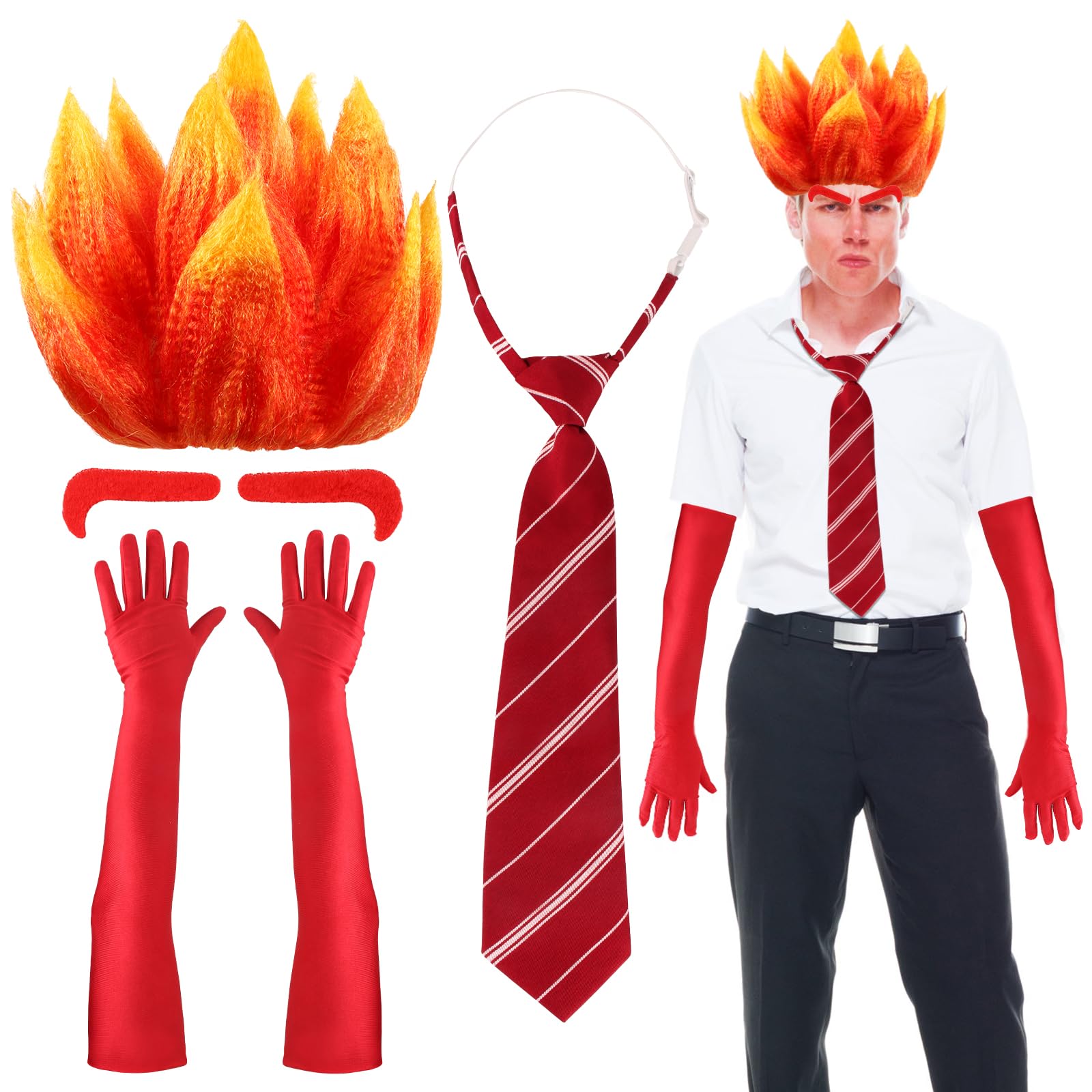 Photo 1 of Kyson 4 Pcs Halloween Angry Costume Accessories Set Included Flame Shape Wig Tie Long Elbow Gloves For Men Women Dress UP (Set A)