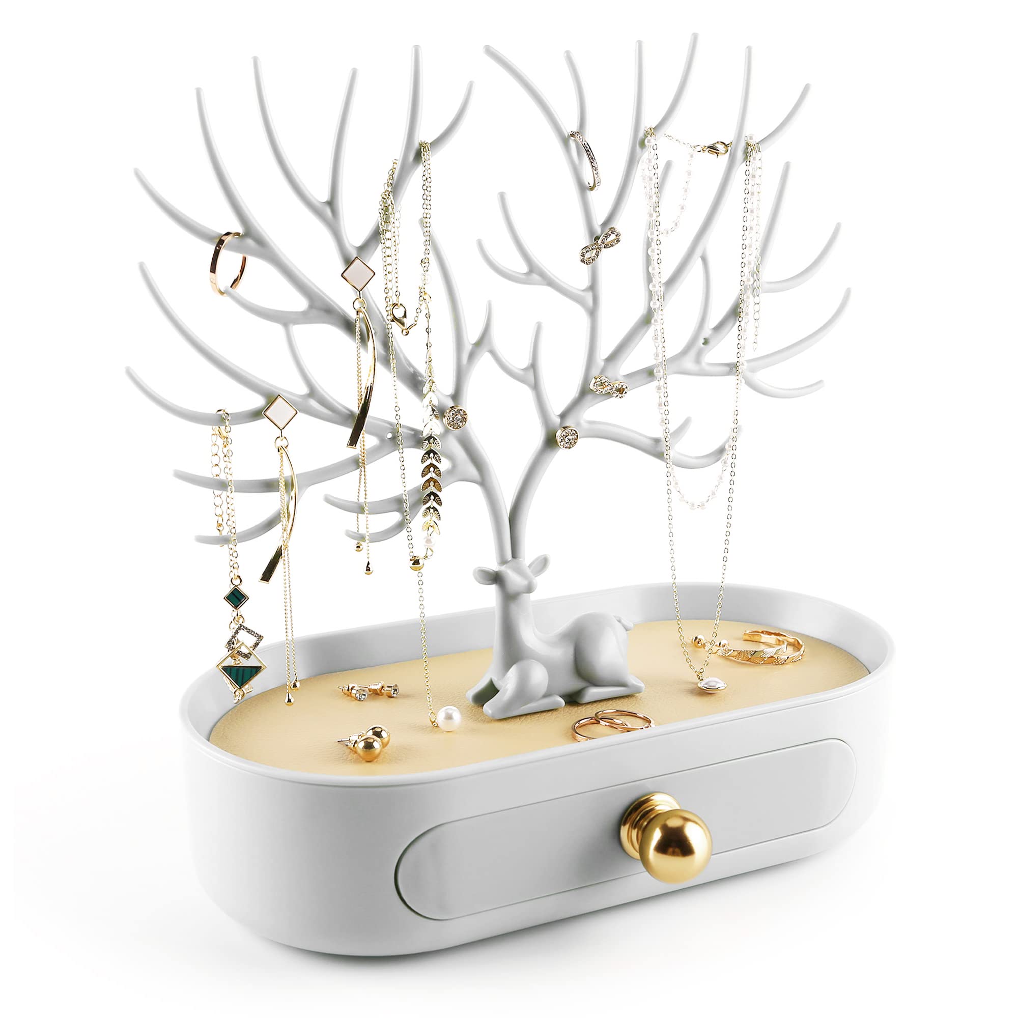 Photo 1 of MORE&LESS Antlers Jewelry Display Stand with Aluminium alloy handle, Tree Tower Rack Hanging Organizer for Ring Earrings Necklace Bracelet, Deer Horn Tree Stand with Storage Drawer and Tray