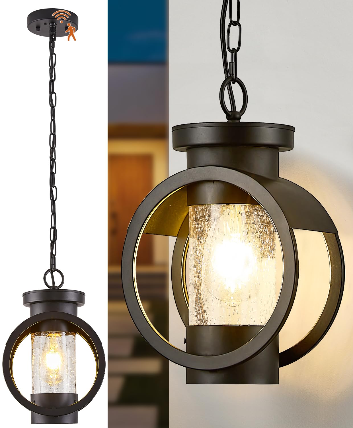 Photo 1 of ***MISSING GLASS GLOBE -SELLING AS INCOMPLETE PARTS ONLY*** Motion Sensor Outdoor Pendant Light Fixture, Farmhouse Exterior Hanging Lamp with Adjustable Chain, Anti-Rust Aluminum Outdoor Chandelier, Large Exterior Ceiling Mount Hanging Light for Entryway,