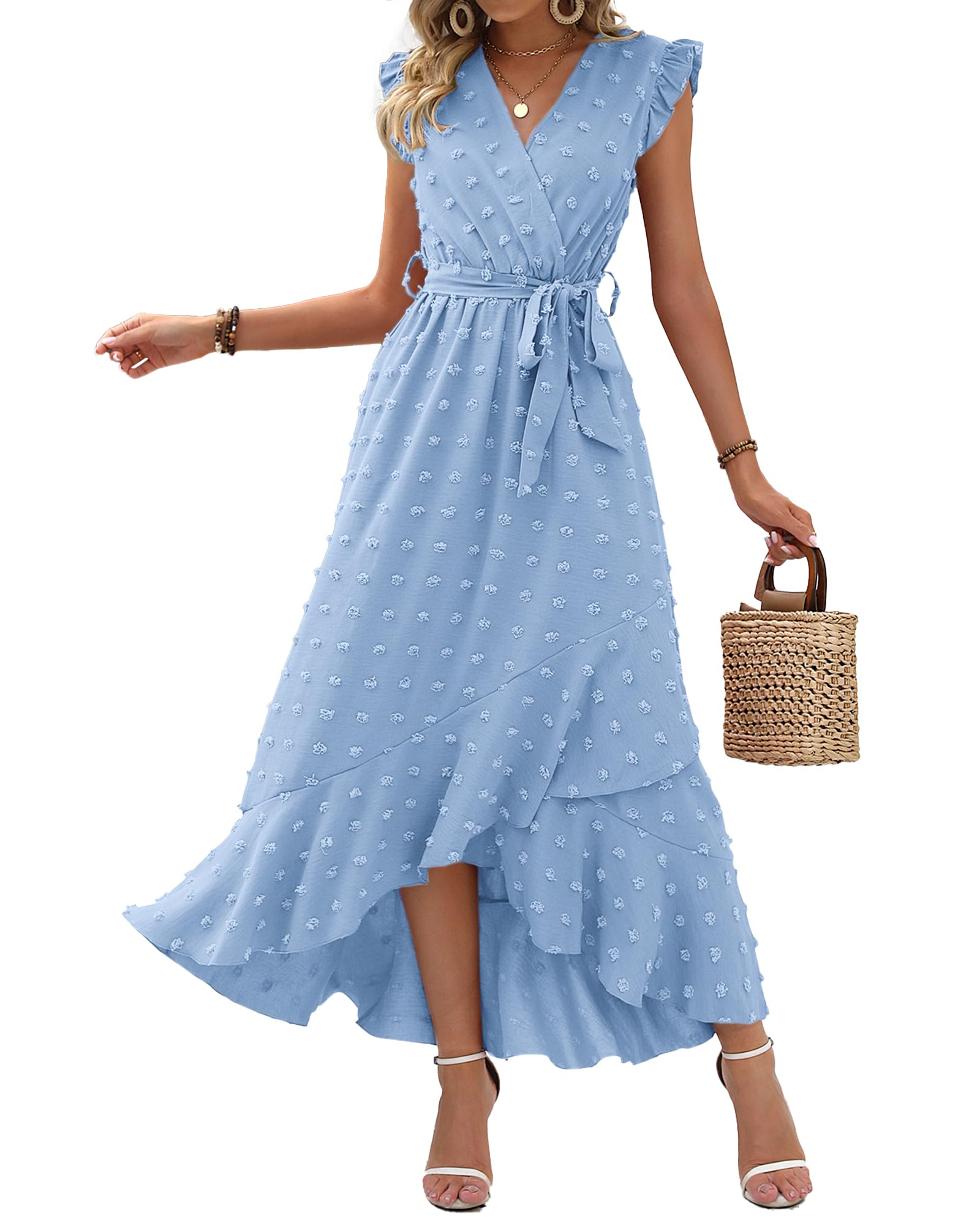 Photo 1 of BTFBM Women V Neck Summer Dress 2025 Cap Sleeve Swiss Dot Boho Flowy Ruffle Slit Beach Party Long Maxi Cocktail Dresses(Sky Blue, Medium)