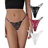 SHARICCA Lace G-String Thongs for Women Adjustable Sexy Low Rise Underwear Breathable T-back Thongs Panties 3 Pack