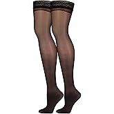 NuVein Sheer Compression Stockings for Women, 8-15 mmHg Support, Light Denier, Thigh High, Closed Toe, Black, Large