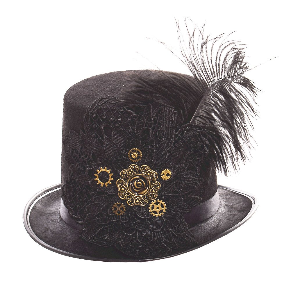 BLESSUME Black Steampunk Hat with Feather Unisex Fancy Dress Top Hat (L, Color E)
