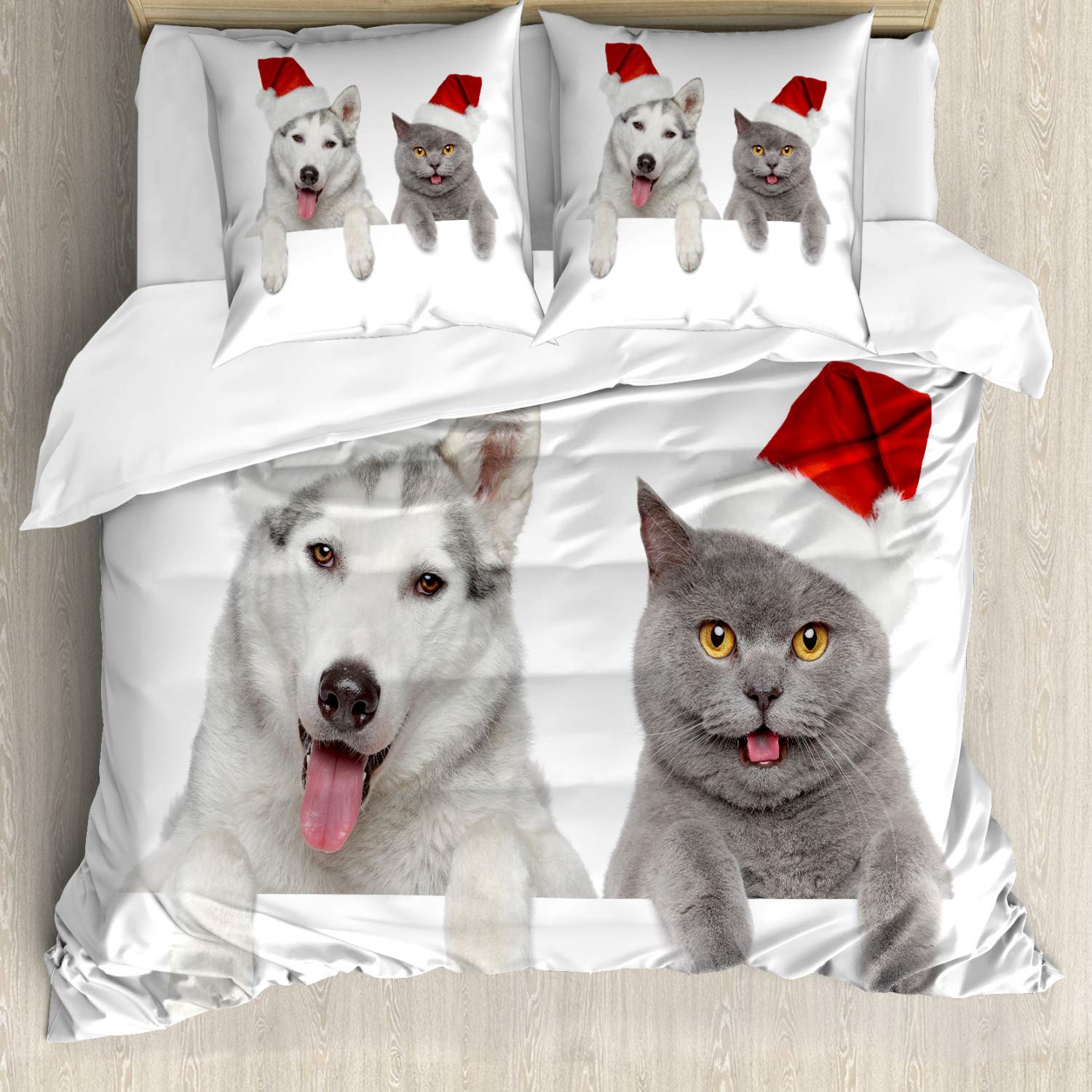 ABAKUHAUS Christmas Duvet Cover Set, Dog and Cat in Santa Red Hats Funny Puppy and Kitty Domestic Pet Animal, Bedding Set 3 Pieces with 2 Pillow Shams, 200 cm x 200 cm, Red — image 1