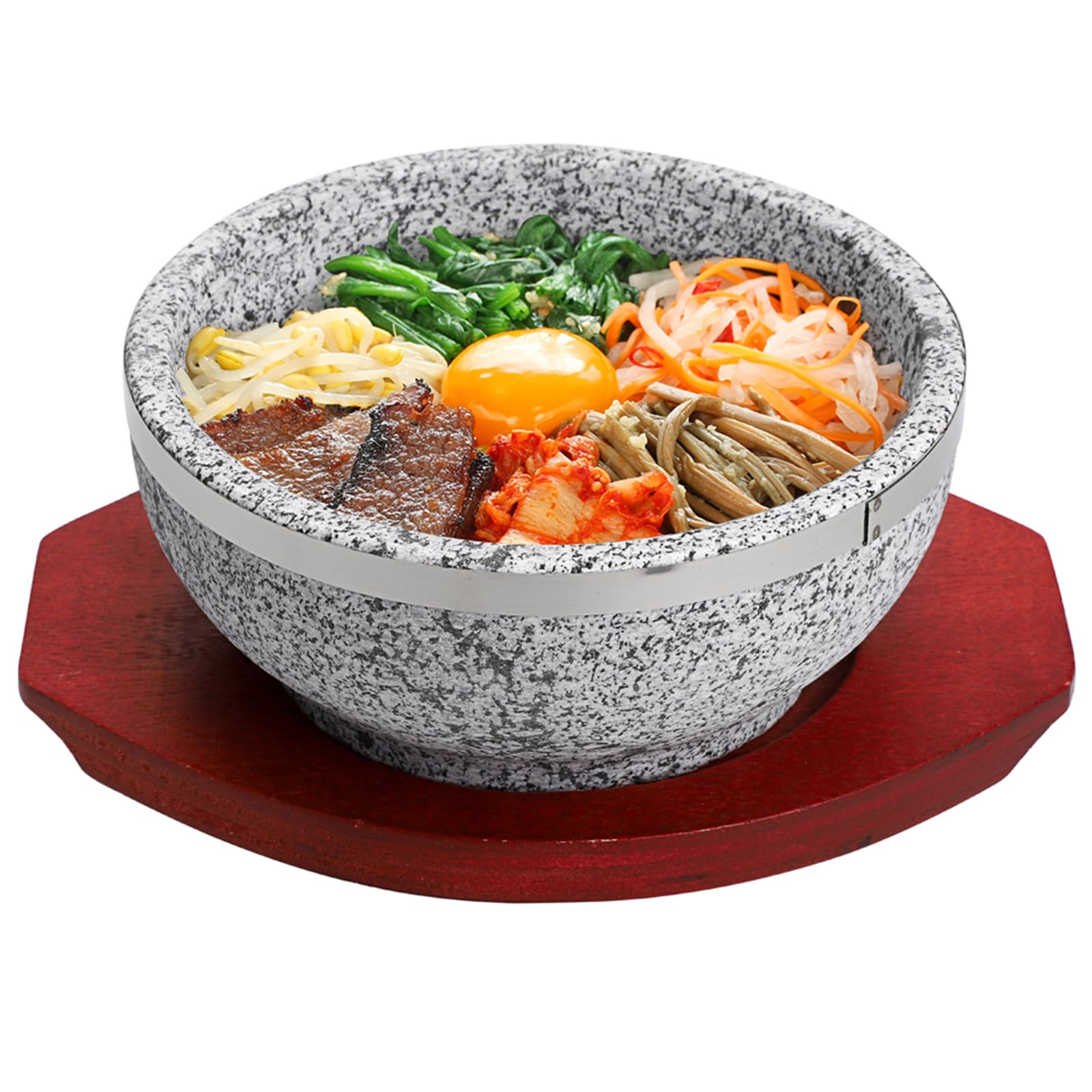 BIMUYI Korean Stone Bowl, Soup Bowl with Wood Tray, Granite Dolsot Bibimbap Pot