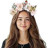 Yheahin Mexican Rose Flower Crown Headband for Women Butterfly Floral Headpiece Day of The Dead Headband Cosplay Party Costume Flower Hair Accessories (Butterfly 1- blue, Elastic)