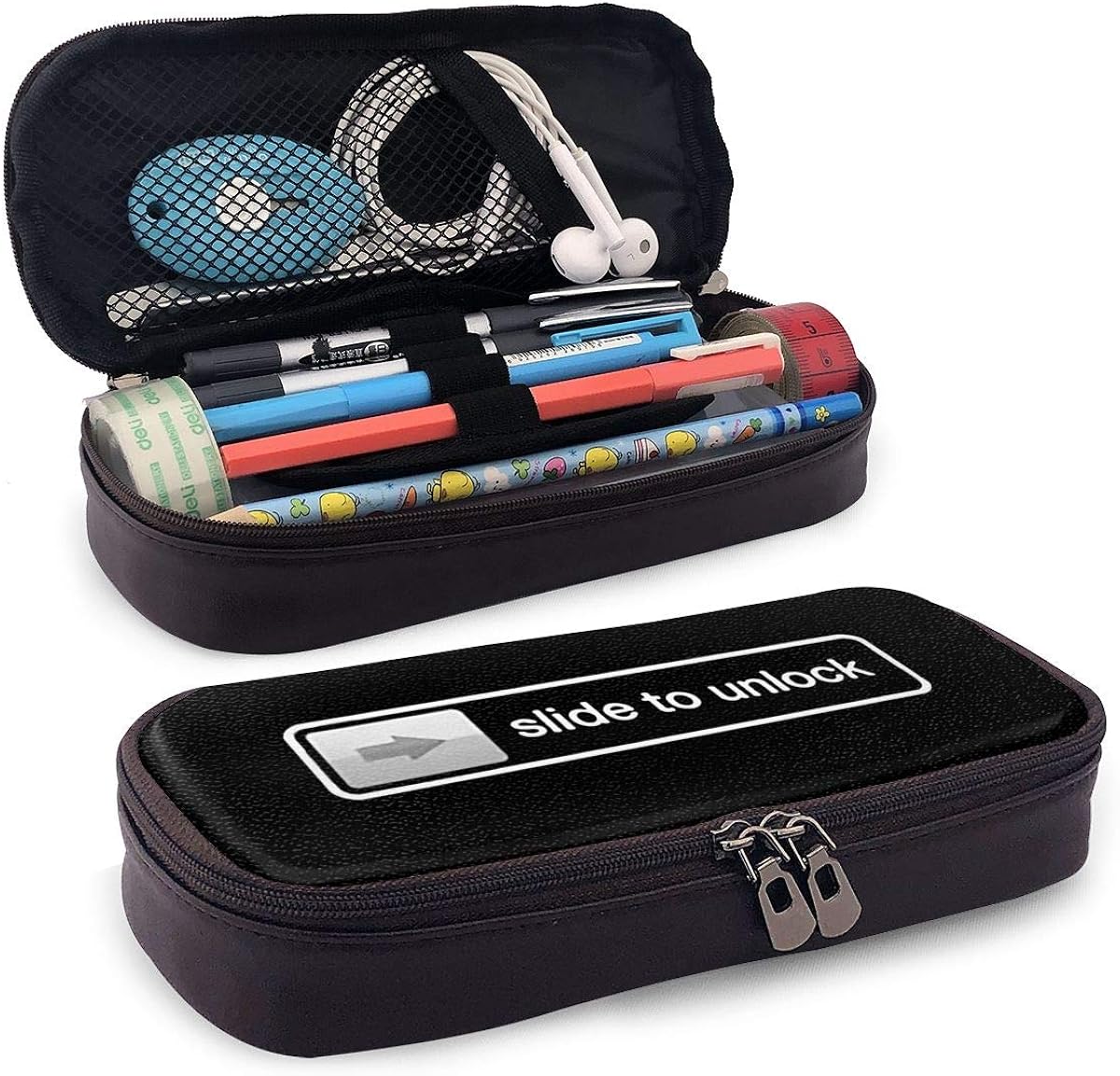 Slide To Unlock Leather Pencil Case,soft With Compartment