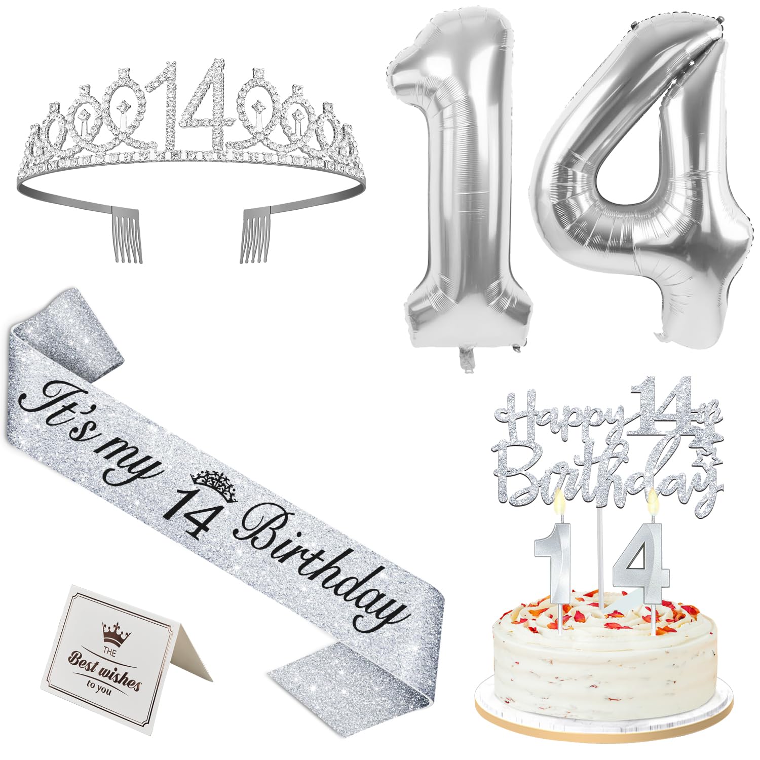 Photo 1 of 14th Birthday Decorations for Girls Silver with 14th Birthday Sash and Tiara, Cake Topper and Candles, Silver Number Balloons, Gifts for 14 Year Old Girls