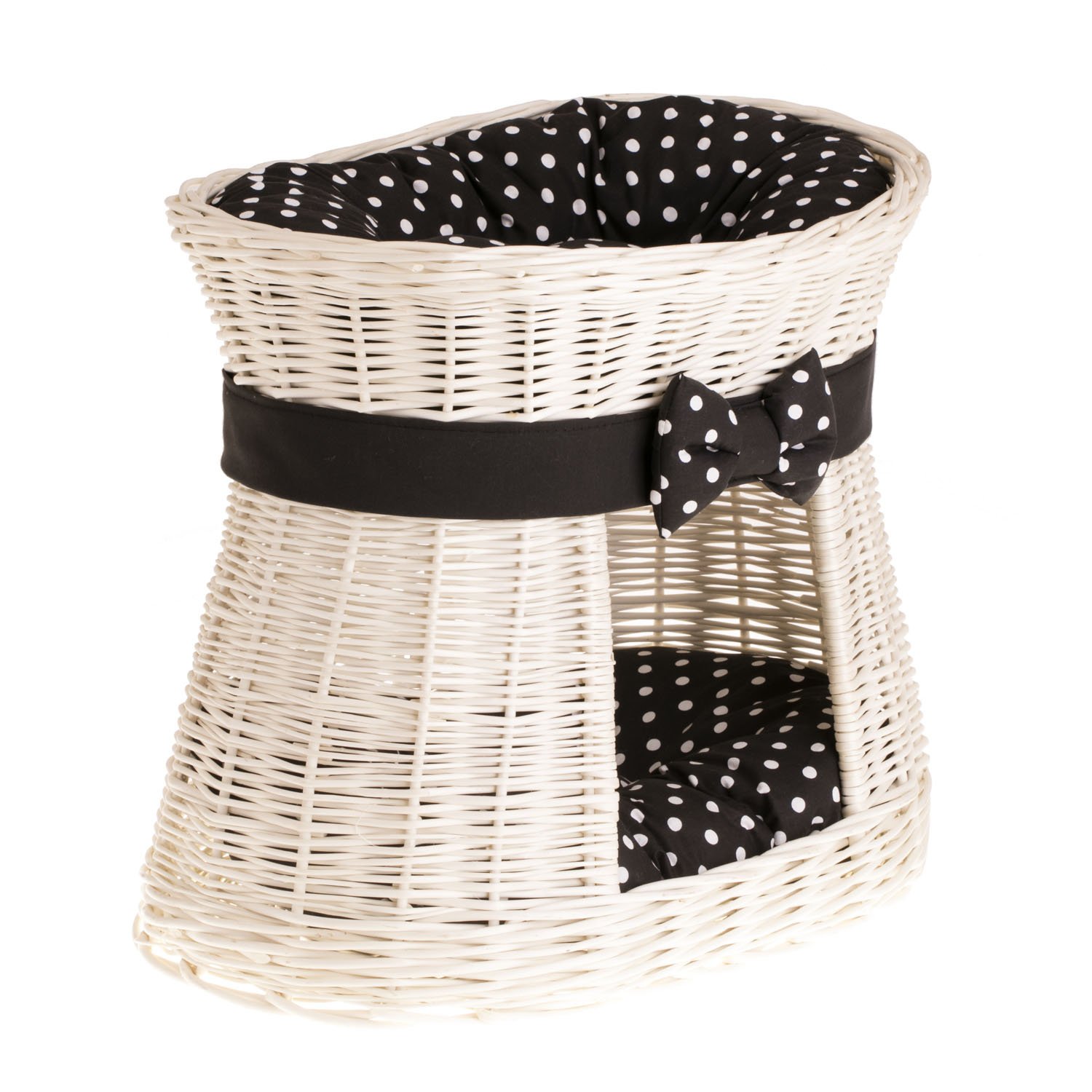 e-wicker24 Wicker Indoor Igloo Cat Bed Cave Double Cat Bed pet Cave Indoor Cat House with Bed on Top Cosy Cave Bed Cat Sofa Box Wicker Cat Basket with Soft Cushion (Polka Dot Black)