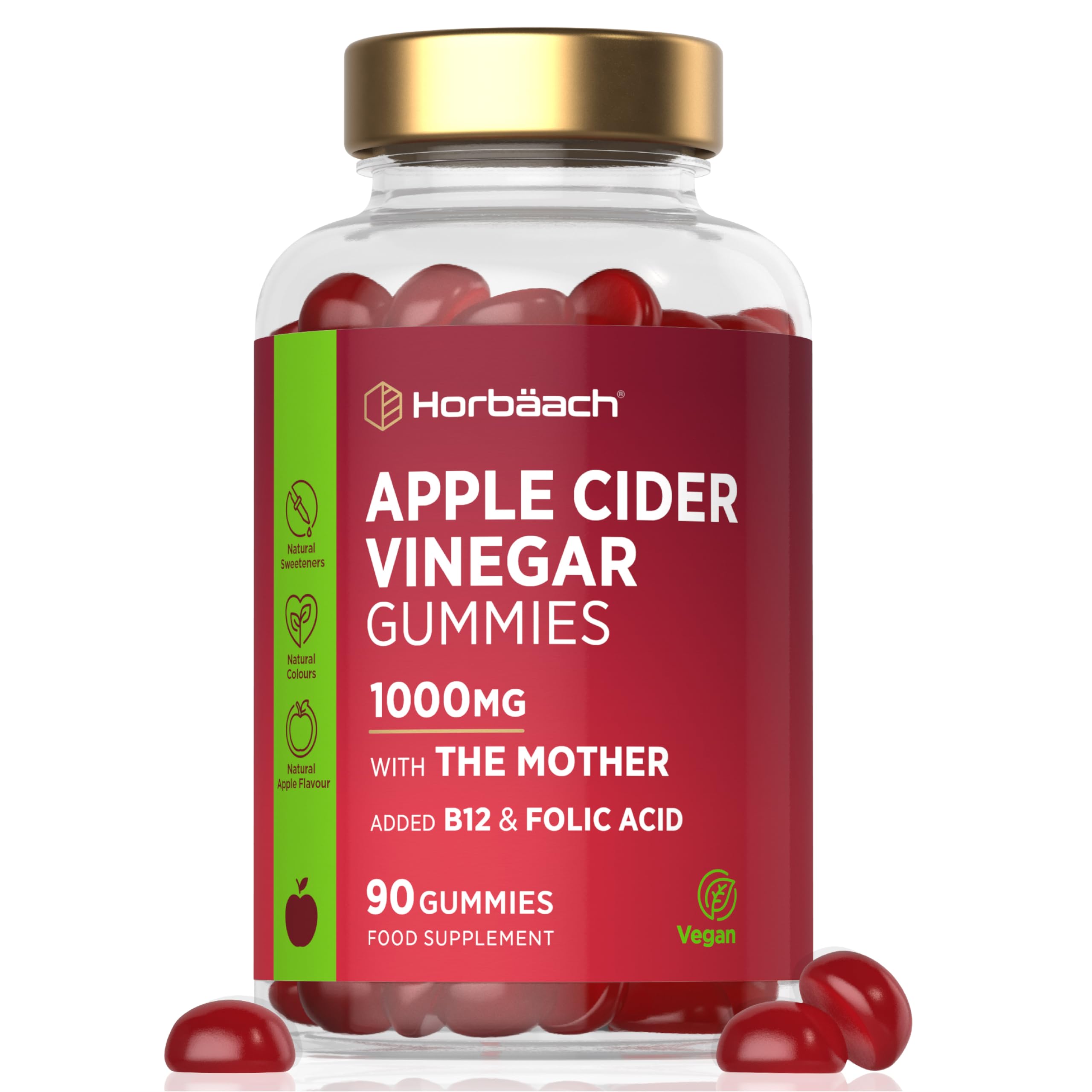 Apple Cider Vinegar Gummies with The Mother 1000mg | with Vitamin B12, Folic Acid & Biotin | 90 Count | Natural Apple Flavour | Suitable for Vegans and Vegetarians | by Horbaach