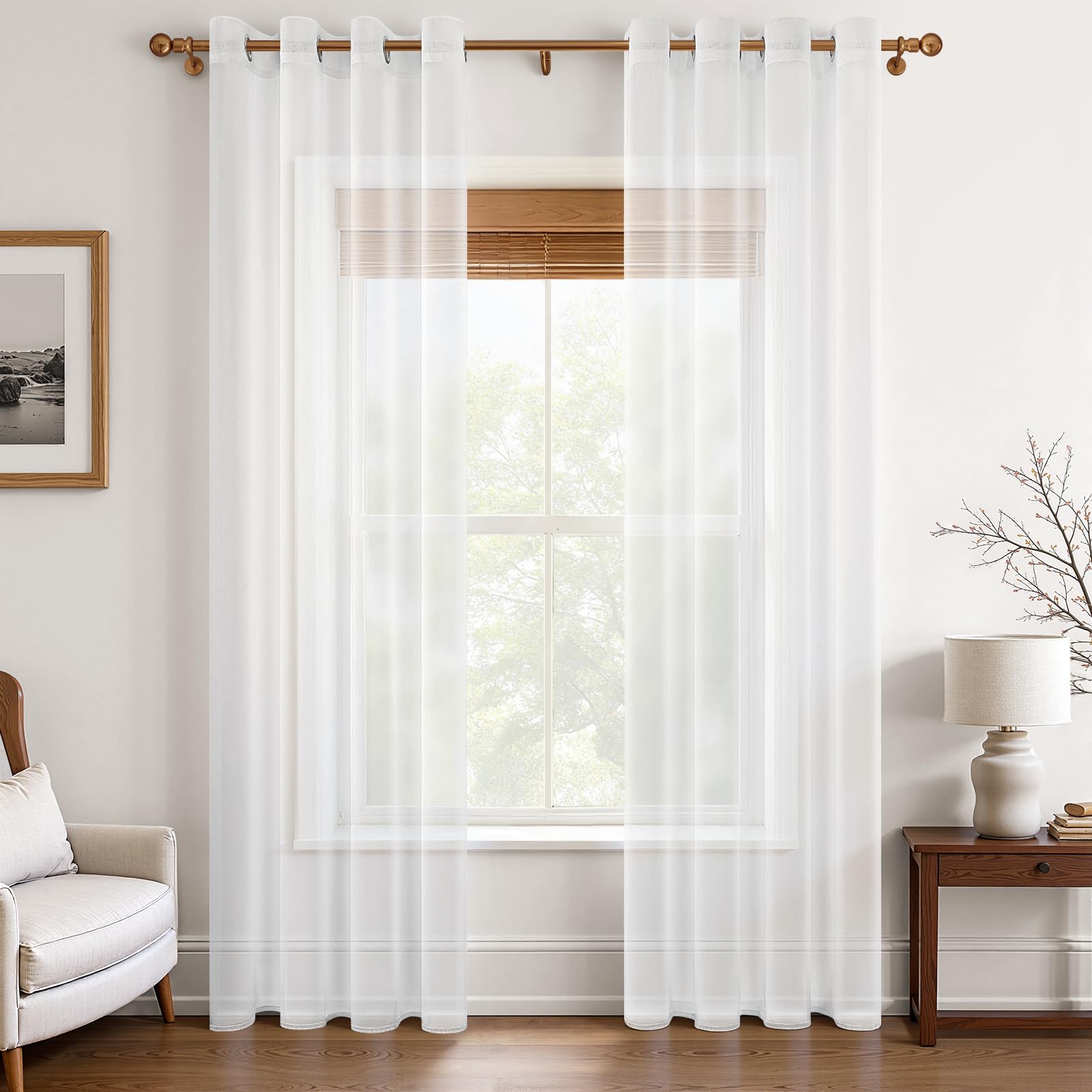 MRTREES Voile Curtains 88 Inch Drop 2 Panels Faux Linen Eyelet Sheer Curtain Panel for Bedroom Living Room Patio Door 55x88 Inch Drop 140cm x 225cm White