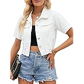 Ladyful Womens Cropped Denim Jacket Short Sleeve Button Down Casual Distressed Jean Jacket Outerwear