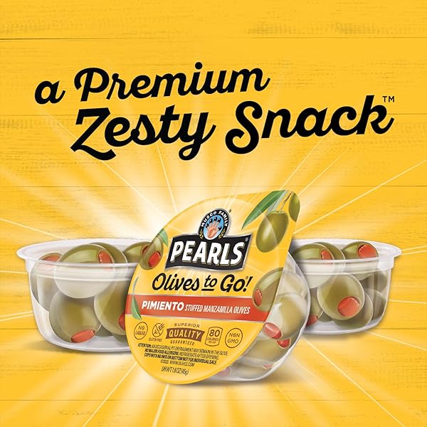 PEARLS OLIVES TO GO! PIMIENTO STUFFED MANZANILLA OLIVES, 1.6OZ INDIVIDUAL SNACK CUPS, 24 PACK, CALIFORNIA GROWN, NON-GMO, GLUTEN-FREE, LIQUID-FREE CUP, EASY OPEN, READY-TO-EAT OLIVE SNACKS