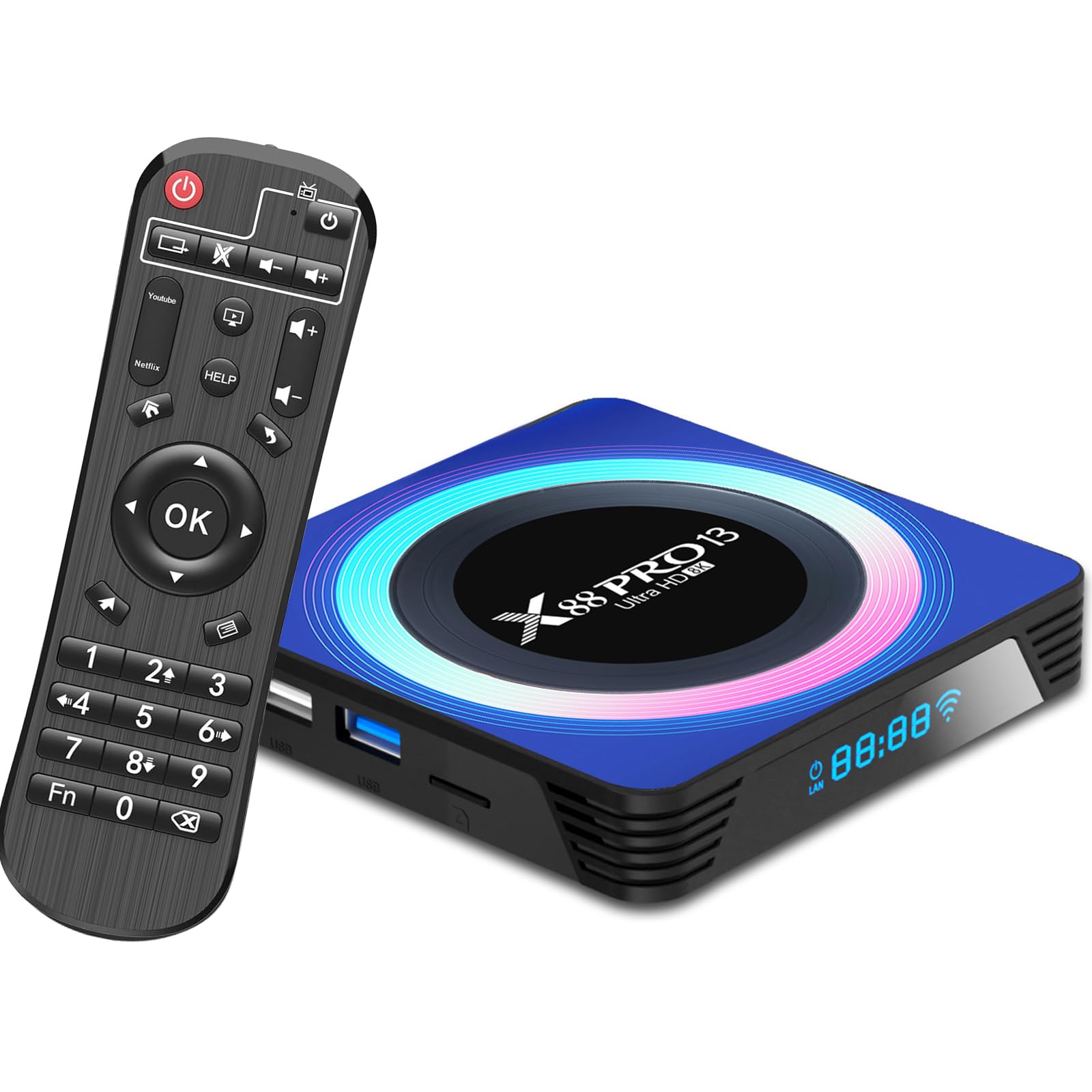 Android tv box,X13 Android 13.0 4GB RAM 64GB ROM RK3528 Quad-Core 64bit Cortex-A53 Mali 450 MP2 GPU Support 8K 3D 1080P 2.4/5.0GHz WIFI BT5.0 10/100M Ethernet DLNA USB 3.0 H.265