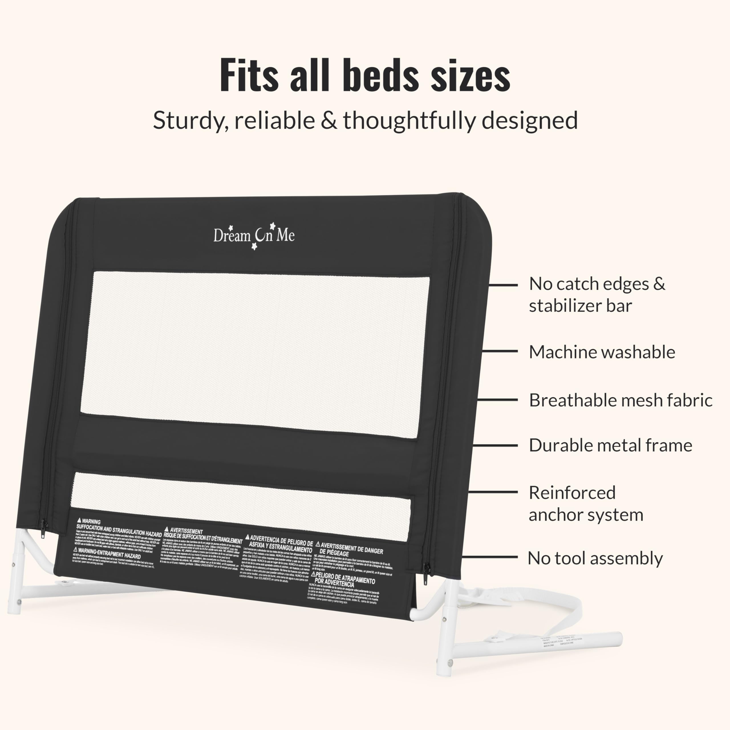 Dream On Me Mesh Security Bed Rail – Toddler Safety Guard with Breathable mesh, Reinforced Anchor System, Lightweight, Portable, fits Adult Twin-Size beds, Black