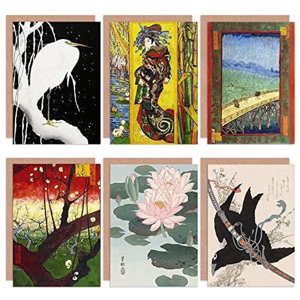 Artery8 Hokusai Koson Van Gogh Japanese Heron Courtesan Mixed Fine Art Greeting Card Pack of 6