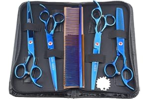 LILYS PET Professional PET DOG Grooming Coated Titanium scissors suit Cutting&Curved&Thinning shears (7.0 inches, Blue)…