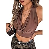WDIRARA Women's Draped Cowl Neck Halter Tops Sexy Tie Backless Sleeveless Crop Tops