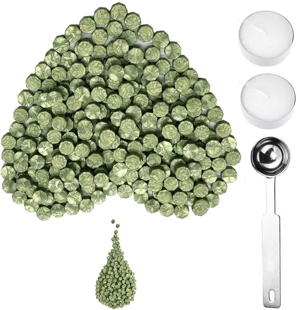 Wax Sealing Beads, SeeSky 300 Pcs Green Sealing Wax Beads with 1 Pcs Wax Melting Spoon and 2 Pcs Candles for Wax Sealing (Green 1)