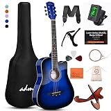 ADM 38" Inch Acoustic Guitar Bundle for Beginners Adults with Online Lesson, Cutaway Wood Acustica Guitarra Starter Set Package with Gig Bag, Strap, Steel Strings, Picks, Capos, Stand, Blueburst