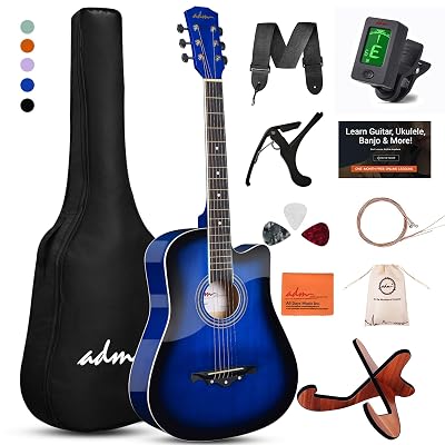 ADM 38" Inch Acoustic Guitar Bundle for Beginners Adults with Online Lesson, Cutaway Wood Acustica Guitarra Starter Set Package with Gig Bag, Strap, Steel Strings, Picks, Capos, Stand, Blueburst