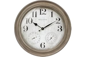Presentime & Co. 26" Clifton in/Outdoor Farmhouse Clock with Thermometer & Hygrometer as All in One Weather Station, Farmhouse Wall Art and Timepiece for Home Decoration, Light Grey Oak Finish