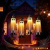 4pcs Halloween Decorations Outdoor Indoor, Hanging Ghost Decor with Light, Spooky Swinging Witch Hat Ghosts for Halloween Decor, Perfect for Yard, Patio, Tree.