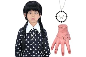 Bettecos Kids Pigtail Wig with Fake Hand and Necklace Long Black Briaded Synthetic Hair Wigs for Girls Halloween Costume Cosplay Party