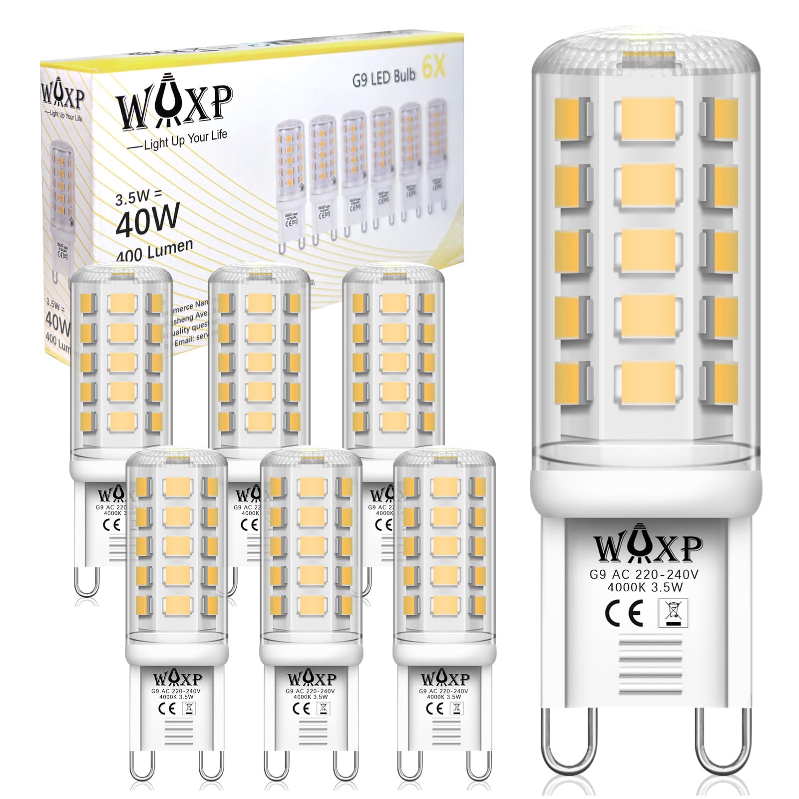 WAXP G9 LED Bulbs 3.5W, Natural White 4000K, 400LM, Non-Flickering, Equivalent G9 Halogen Light Bulbs 40W, Non-Dimmable, Pack of 6