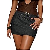 MakeMeChic Women's PU Leather Bodycon Mini Skirt Low Waisted Belted Y2K Short Skirts Streetwear