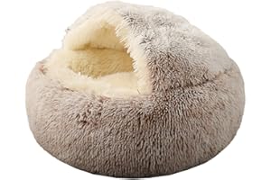 KWEWIK Cat Bed Round Soft Plush Burrowing Cave Hooded Cat Bed Donut for Dogs & Cats, Faux Fur Cuddler Round Comfortable Self Warming pet Bed, Machine Washable, Waterproof Bottom, Small, Coffee