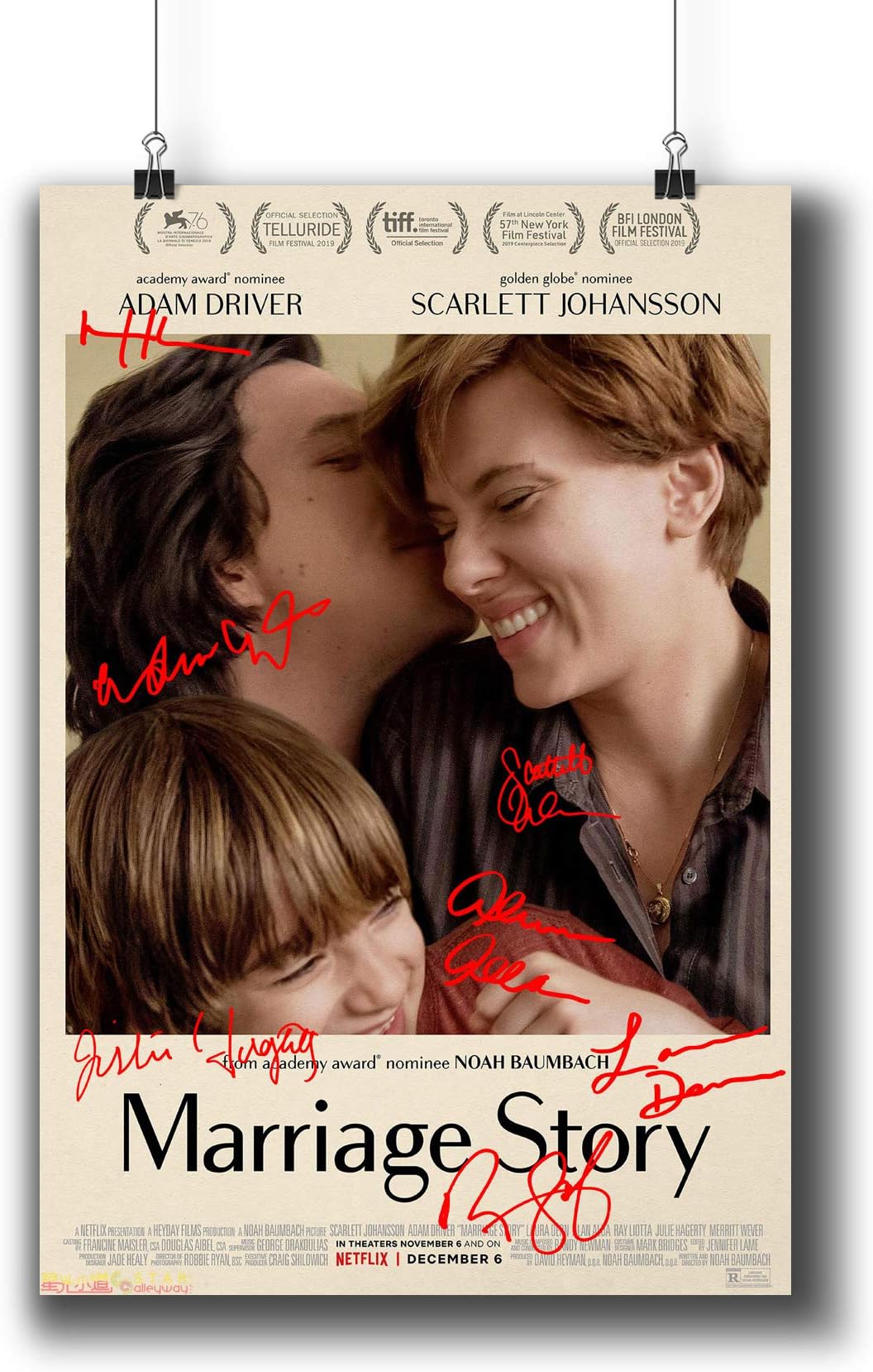 Pentagonwork Marriage Story Casts Autographed Reprint Movie Poster A3 29x42cm Prints w/Stickers 2019 Film, Scarlett Johansson Adam Driver Signed, 1238-001