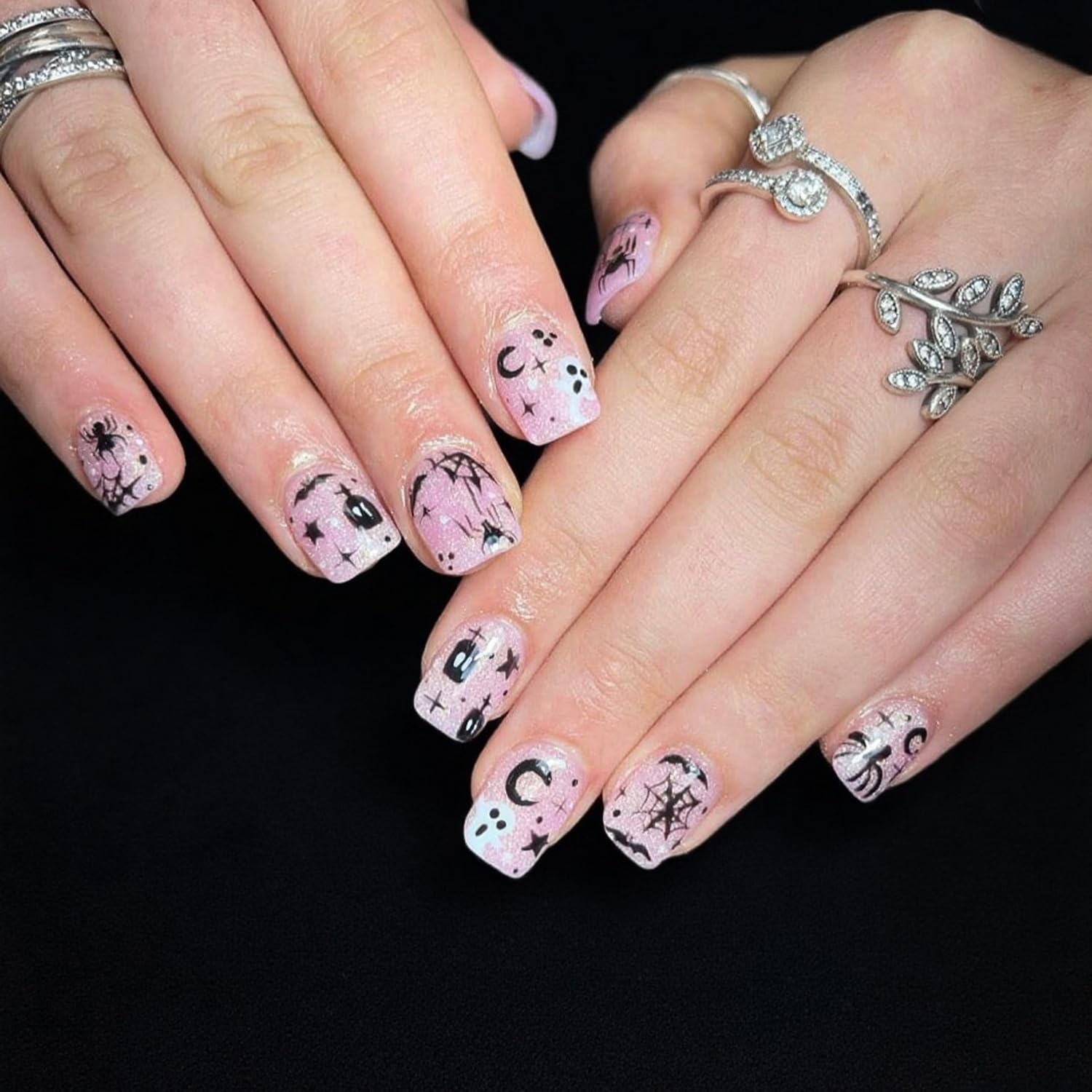 Photo 1 of  2 Halloween Press on Nails Short Square Fake Nails Pink Full Cover Cute False Nails Spider Web ghost Stars Moon designs Acrylic Artificial Nails Glossy Reusable Glue on Nails for Women 24pcs