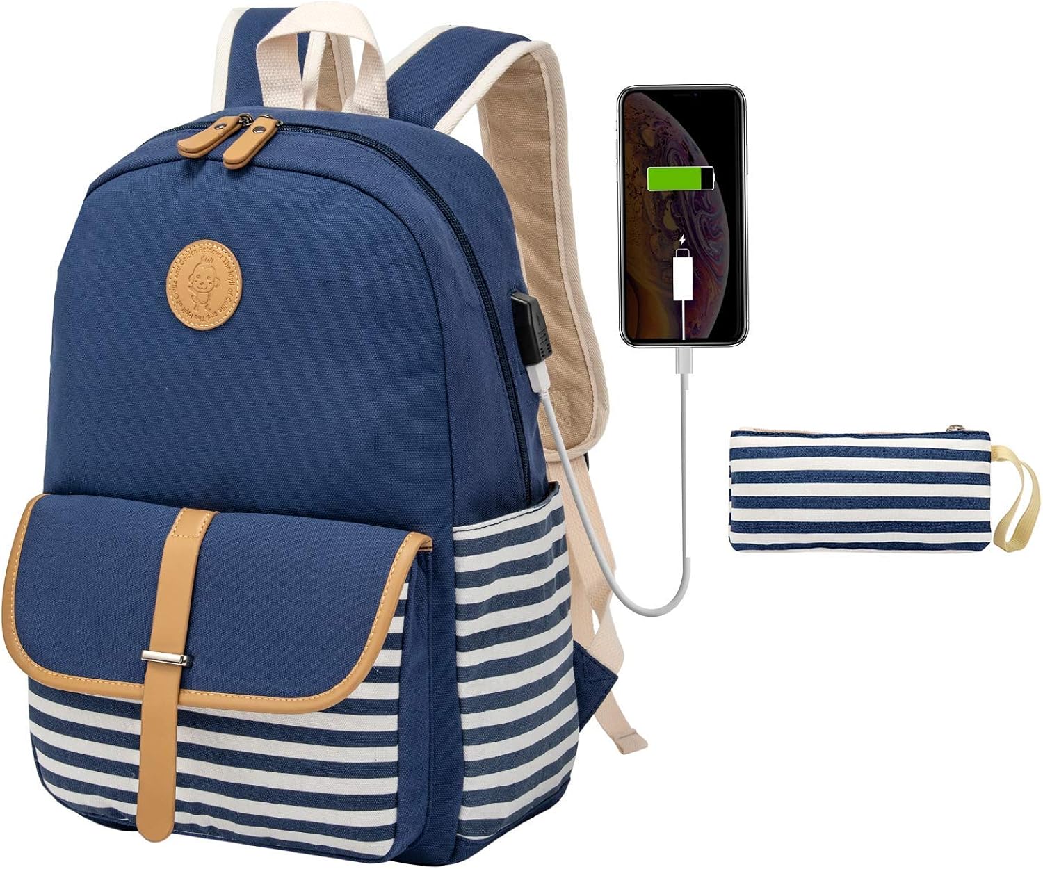 Kuston School Backpacks for Women Teen Girls with USB Charging Port Lightweight Canvas Book Bag Set 4 in 1