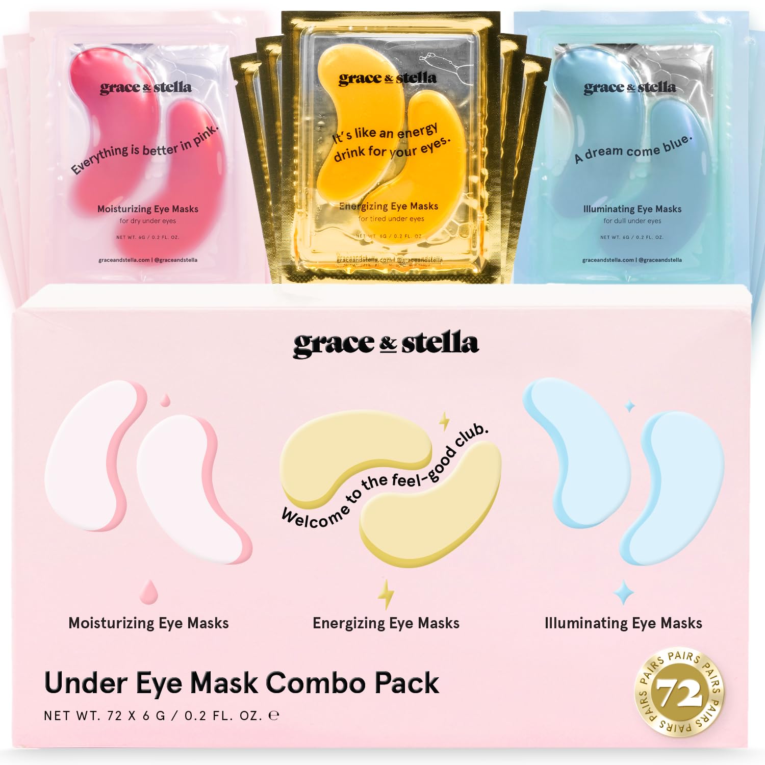 Under Eye Mask - Reduce Dark Circles, Puffy Eyes, Undereye Bags, Wrinkles - Gel Under Eye Patches, Vegan Cruelty-Free Self Care by grace and stella (72 Pairs, GoldPinkBlue) — image 1