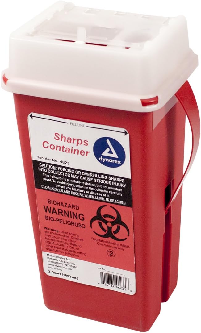 Dynarex Sharps Container - Biohazard Phlebotomy Needle Disposable - Puncture Resistant - One Handed Use - 1 Quart: Health & Personal Care