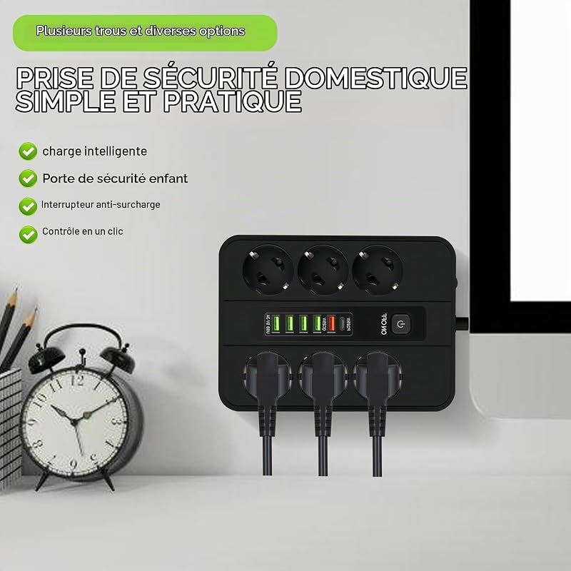 Multiprise USB-C noir : cuivre ABS USB multiprise 2 m avec 5 ports USB A et 1 port de charge rapide de type C, charge rapide, multiprise pour la maison, le bureau et le salon, noir — photo 5 sur 7