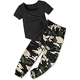 Sislerew Girls Clothes Size 8 Irregular Ruched Drawstring Short Sleeve Top and Camouflage Pants 2Pcs Girls Camo Outfits Sets