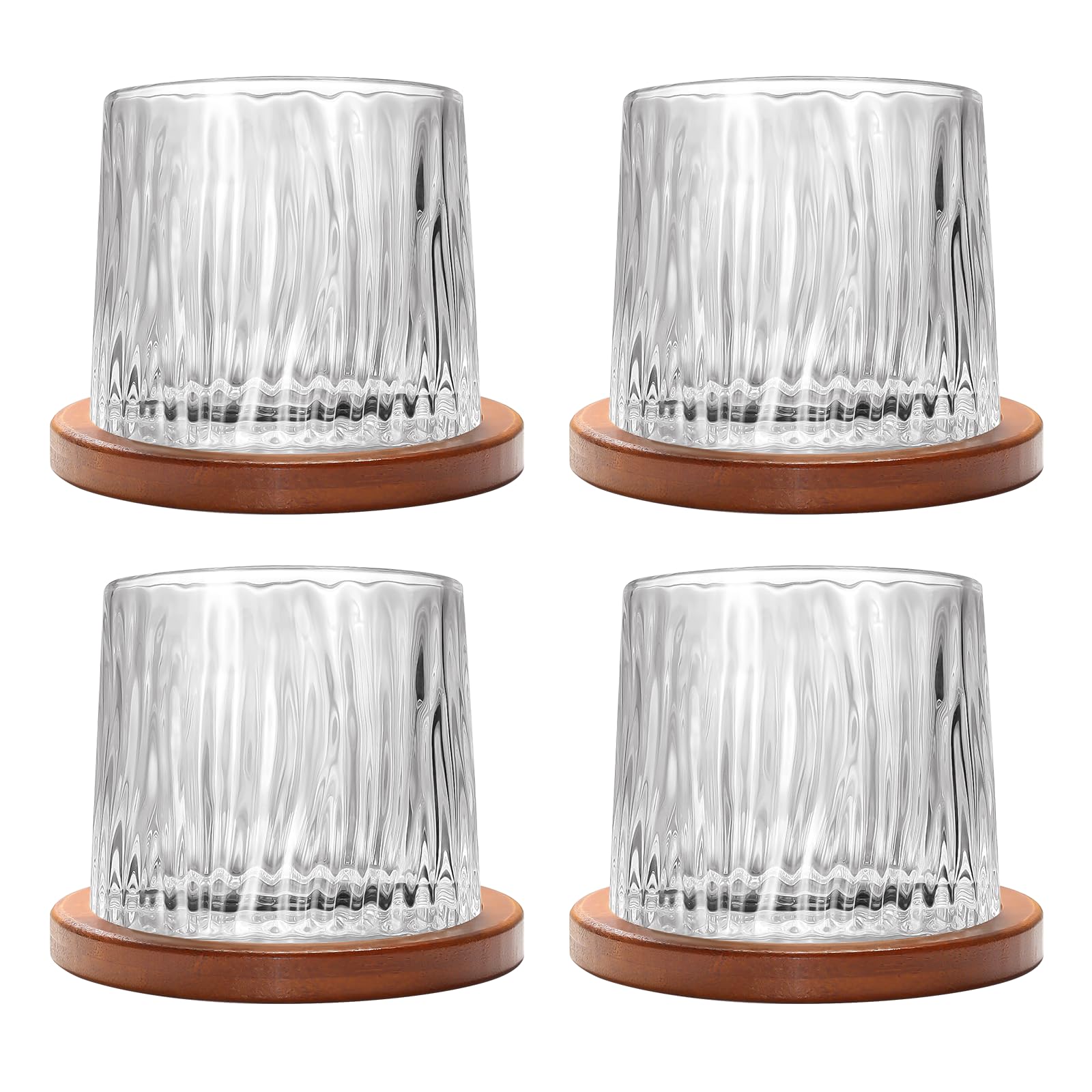 Rotatable Old Fashioned Crystal Whiskey Glass Set of 4, 275ml/10oz, Wood Coaster, Thickened, Used as Rum & Cocktail Cup, Coffee & Milk Cup for Relaxation