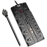 Eaton Tripp Lite TLP1208SAT Home Theater Surge Protector Power Strip, 12 Outlets, Flat Plug 8ft Extension Cord, 2880 Joules Coax, RJ11 and RJ45 Port for Phone, TV, WiFi Router, & Ethernet Protection