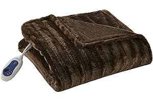 Beautyrest Duke Blanket Luxury Oversize Electric Throw Premium Soft Cozy Brushed Long Faux Fur for Bed, Couch with 3 Heat Setting Controller, Auto Shut-Off Function, Brown, 50 in x 70 in