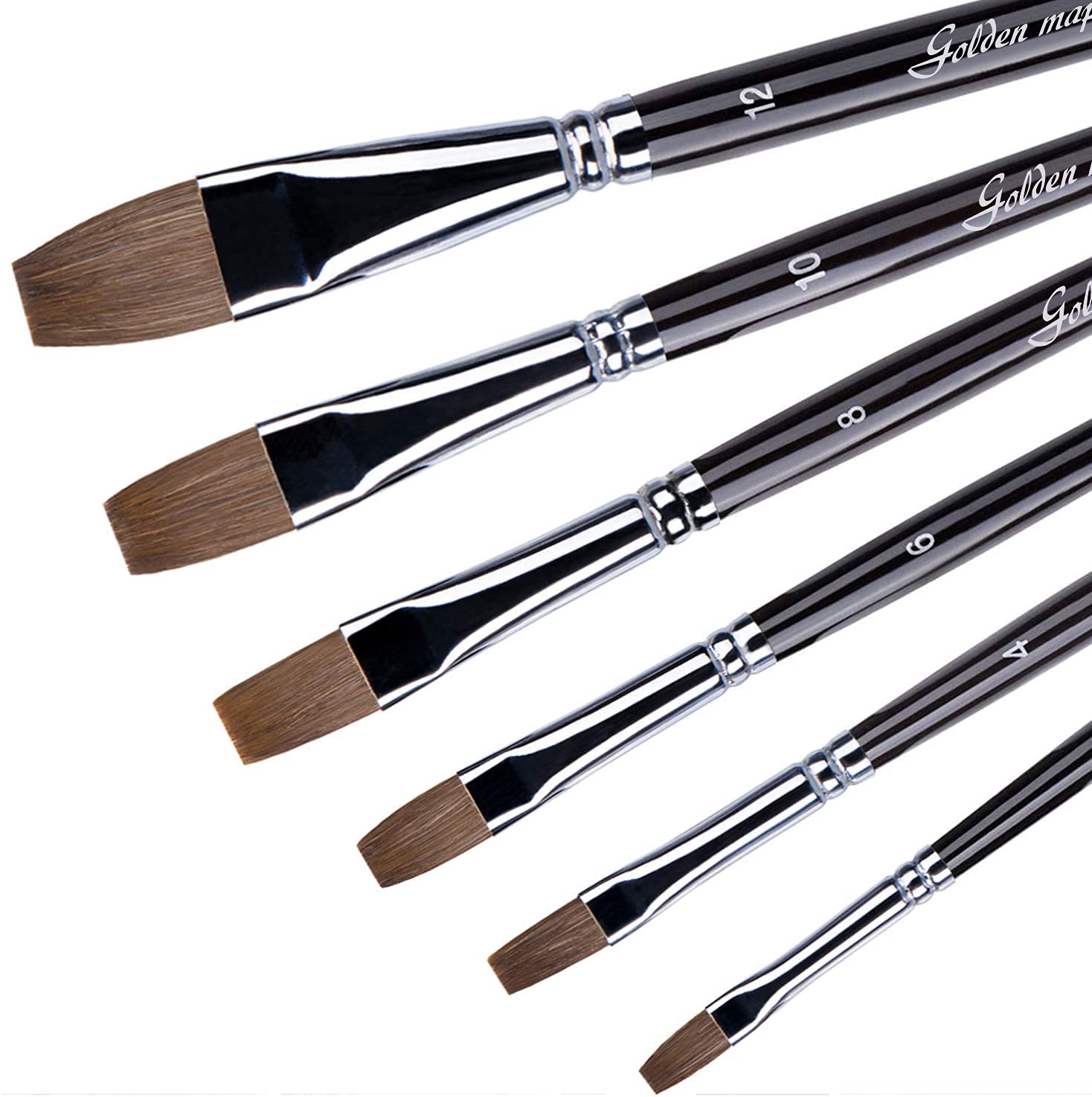 Artist Sable Flat Brushes, 6 Pieces Red Sable Acrylic Paint Brush Set with Long Wooden Handle for Watercolor, Acrylic and Oil Painting Perfect for Beginners, Artists and Students