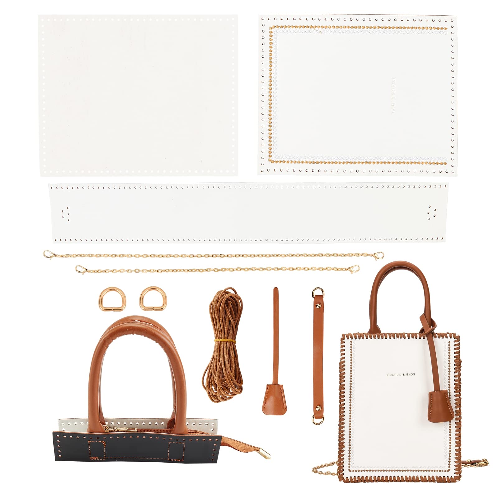 WADORN 15pcs Leather Knitting Crochet Bags Making Kit, DIY Leather Craft Bag Sewing Material Handbag Making All Accessories Purse Cross Stitch Kits Bag Making Supplies,54x8.2x0.2cm(White)