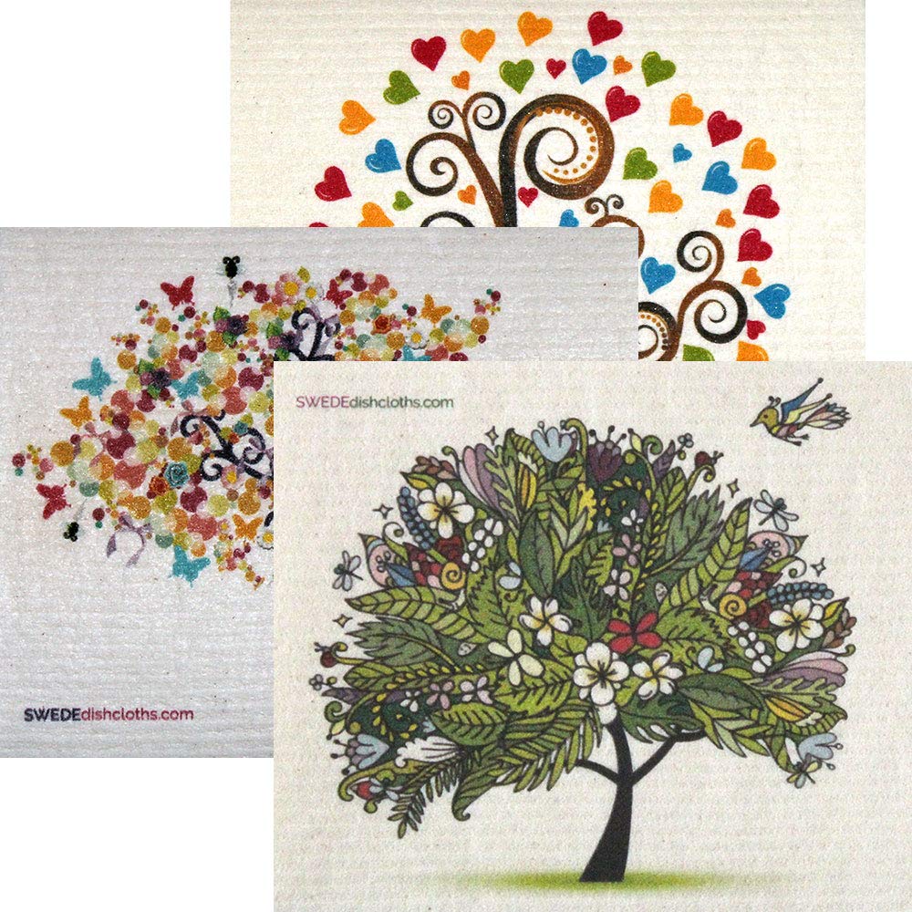 Swedish Dishcloths “Mixed Trees” Set of 3 cloths (One of Each Design) | ECO Friendly Absorbent Spongeloth…