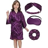 EPLAZA Kids Girls Satin Robe with Hair Band Eye Mask for Birthday Spa Bridal Party Flower Girls Wedding Robes Kimono