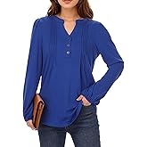 Am Direct Long Sleeve Shirts for Women Buttons V Neck Hide Belly Blouses Fashion Casual Loose Fit Pleated Tunic Tops