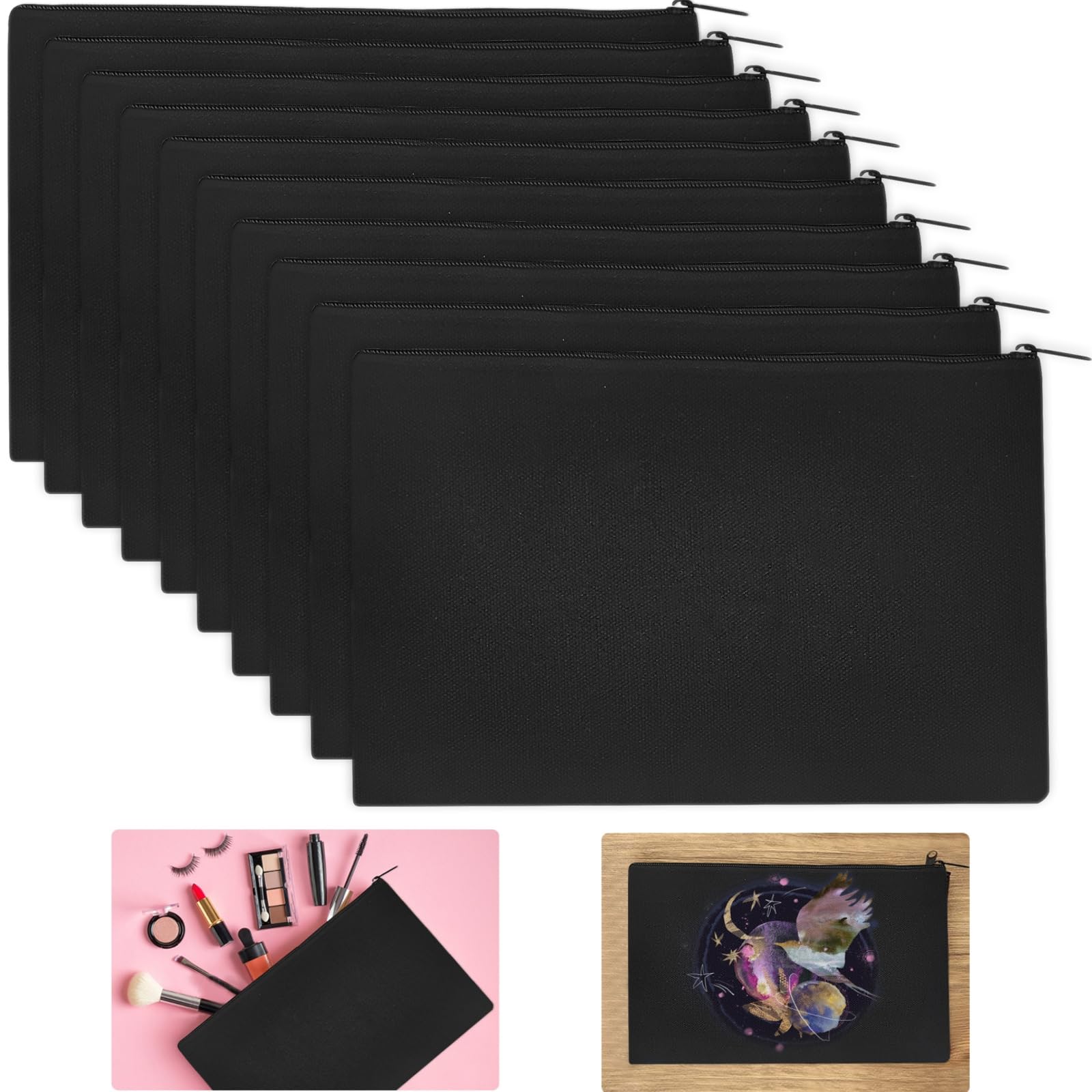 KLYNGTSK 10Pack Blank Canvas Bags with Zipper Canvas Pencil Case DIY Craft Cosmetic Bag Blank Fabric Pencil Case Canvas Zipper Pouch Bags Multipurpose Canvas Pouch for Makeup Toiletry Stationary,Black