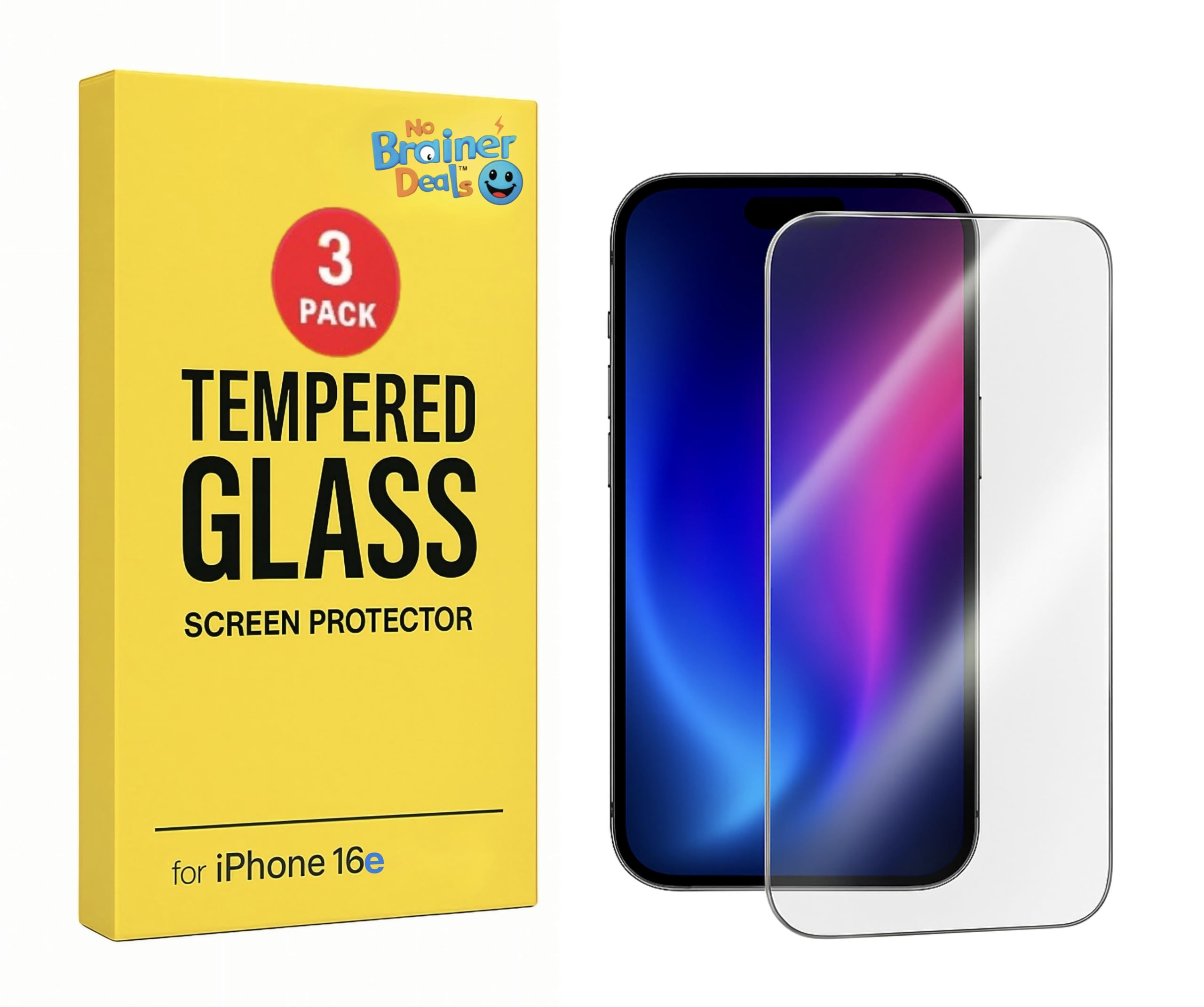 Photo 1 of NoBrainer Deals Screen Protector for iPhone 16e – 6.1” – 3-Pack [9H Hardness] Tempered Glass – Scratch and Impact Resistant, Easy Install – High Sensitivity – Case-Friendly